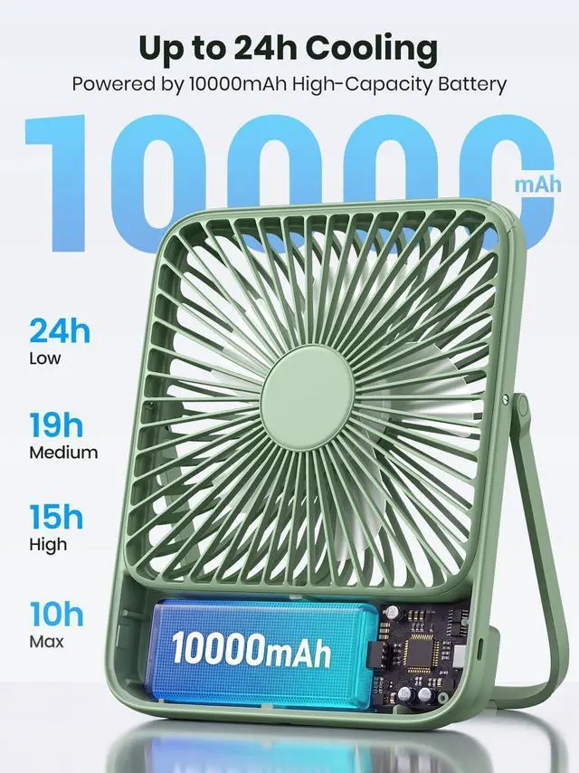 Alt view image 2 of 7 - 10000mAh Portable Travel Fan 7-inch, Up to 24H Runtime, Ultra-thin Quiet Rechargeable Battery Operated Desk Fan with Digital Display for Camping, Office, Bedroom, Cruise Essentials