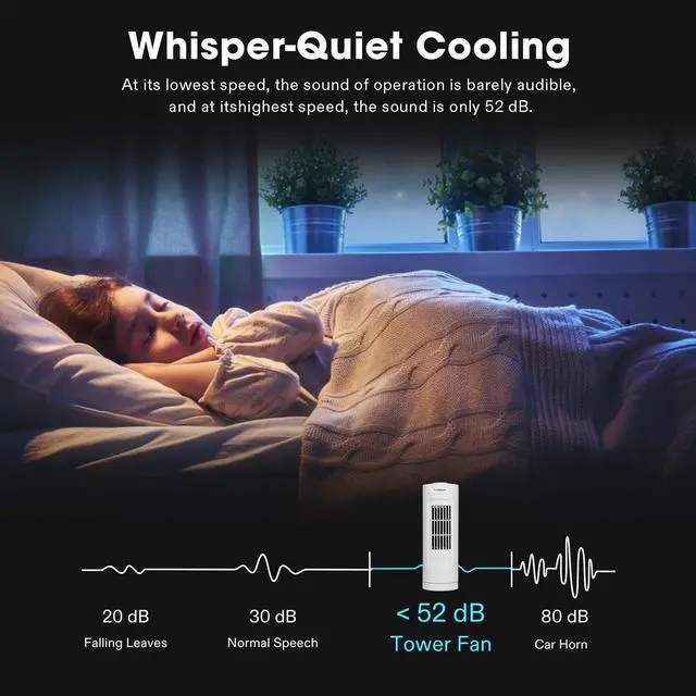 Alt view image 4 of 7 - 13'' Tower Fan, Bladeless Desk Fan with 3 Speeds and 70° Oscillation, Portable and Compact, Quiet Cooling Fan for Home and Office, White