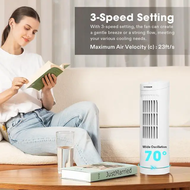 Alt view image 2 of 7 - 13'' Tower Fan, Bladeless Desk Fan with 3 Speeds and 70° Oscillation, Portable and Compact, Quiet Cooling Fan for Home and Office, White