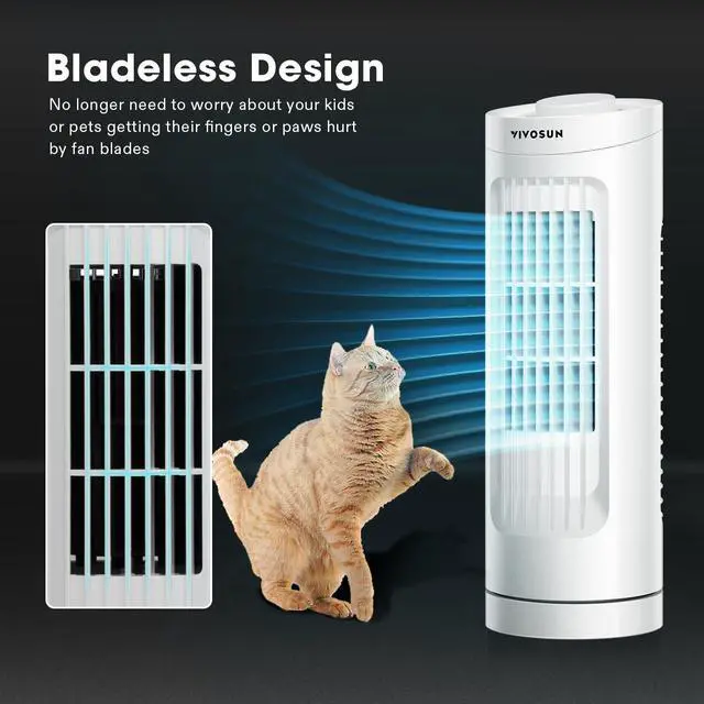 Alt view image 6 of 7 - 13'' Tower Fan, Bladeless Desk Fan with 3 Speeds and 70° Oscillation, Portable and Compact, Quiet Cooling Fan for Home and Office, White