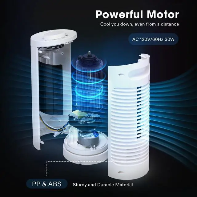 Alt view image 5 of 7 - 13'' Tower Fan, Bladeless Desk Fan with 3 Speeds and 70° Oscillation, Portable and Compact, Quiet Cooling Fan for Home and Office, White