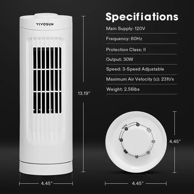 Alt view image 7 of 7 - 13'' Tower Fan, Bladeless Desk Fan with 3 Speeds and 70° Oscillation, Portable and Compact, Quiet Cooling Fan for Home and Office, White