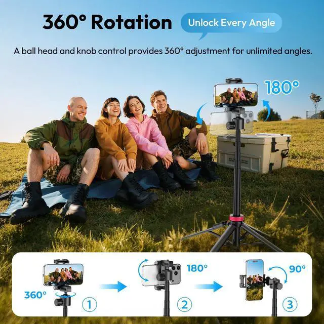 Alt view image 4 of 7 - 0.01s Auto Pop Open Phone Tripod with Remote, MT44B 59'' Selfie Stick Tripod w Dual Mount for Phone & Camera for Vlog/Live/Travel, Cell Phone Stand 360° Ball Head for iPhone 17Pro Max/Android