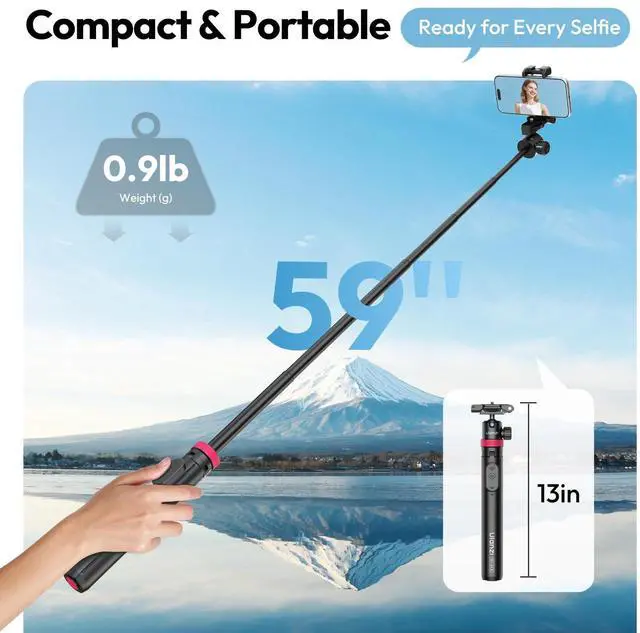 Alt view image 6 of 7 - 0.01s Auto Pop Open Phone Tripod with Remote, MT44B 59'' Selfie Stick Tripod w Dual Mount for Phone & Camera for Vlog/Live/Travel, Cell Phone Stand 360° Ball Head for iPhone 17Pro Max/Android