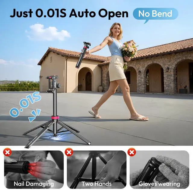 Alt view image 2 of 7 - 0.01s Auto Pop Open Phone Tripod with Remote, MT44B 59'' Selfie Stick Tripod w Dual Mount for Phone & Camera for Vlog/Live/Travel, Cell Phone Stand 360° Ball Head for iPhone 17Pro Max/Android