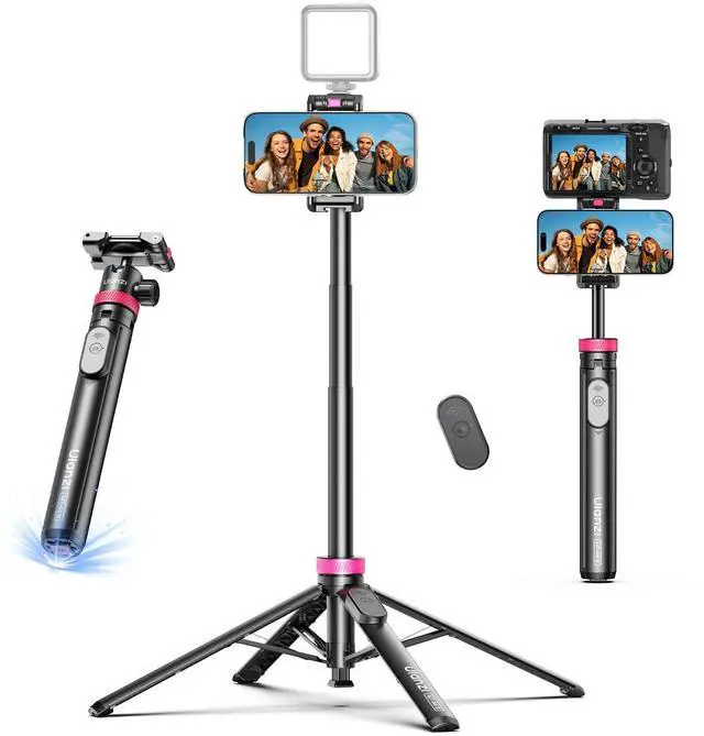 Main image of 0.01s Auto Pop Open Phone Tripod with Remote, MT44B 59'' Selfie Stick Tripod w Dual Mount for Phone & Camera for Vlog/Live/Travel, Cell Phone Stand 360° Ball Head for iPhone 17Pro Max/Android