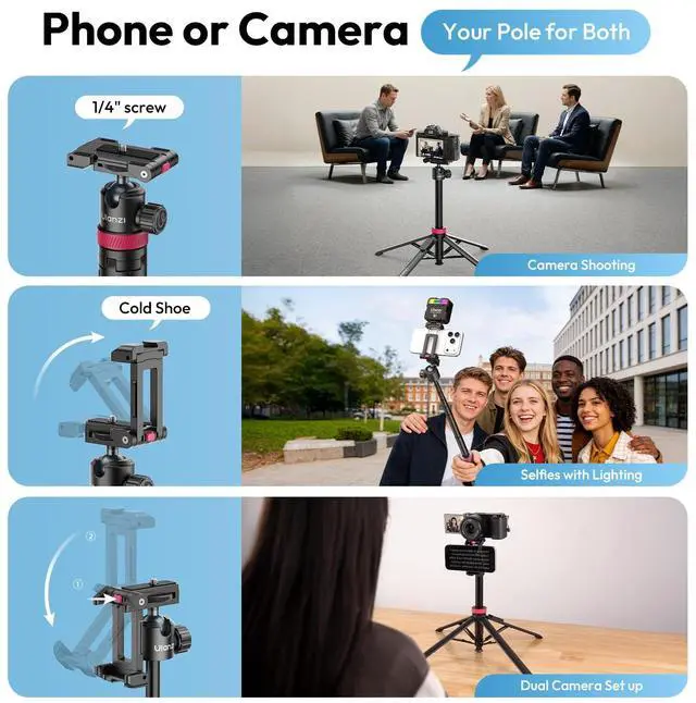 Alt view image 7 of 7 - 0.01s Auto Pop Open Phone Tripod with Remote, MT44B 59'' Selfie Stick Tripod w Dual Mount for Phone & Camera for Vlog/Live/Travel, Cell Phone Stand 360° Ball Head for iPhone 17Pro Max/Android