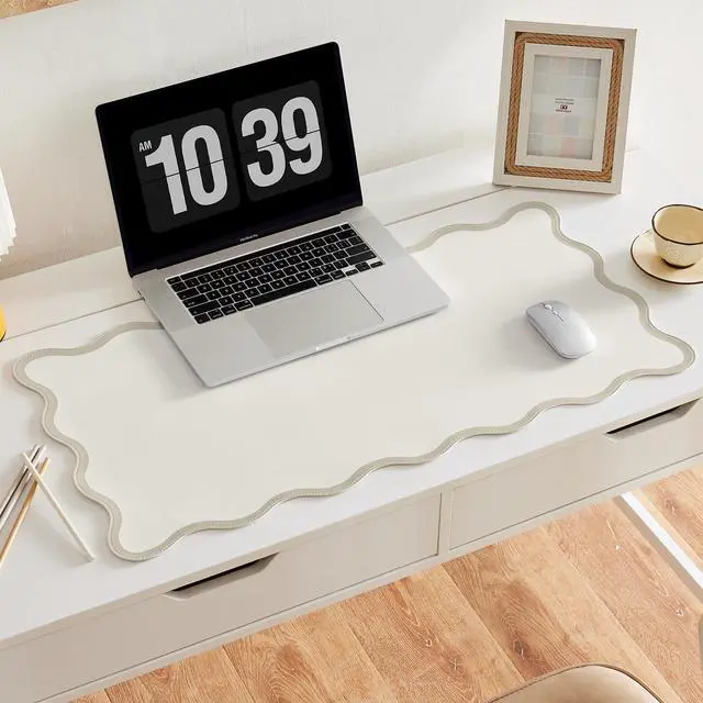 Main image of Scalloped Desk Mat, 31.5" x 15.7", PU Leather, Waterproof Anti-Slip, Cute Aesthetic Desk Pad for Office/Home/Game/Vanity (Beige, Large)