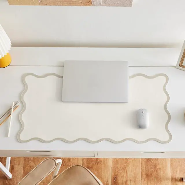 Alt view image 3 of 7 - Scalloped Desk Mat, 31.5" x 15.7", PU Leather, Waterproof Anti-Slip, Cute Aesthetic Desk Pad for Office/Home/Game/Vanity (Beige, Large)