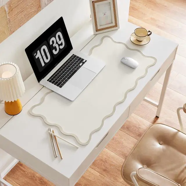 Alt view image 4 of 7 - Scalloped Desk Mat, 31.5" x 15.7", PU Leather, Waterproof Anti-Slip, Cute Aesthetic Desk Pad for Office/Home/Game/Vanity (Beige, Large)