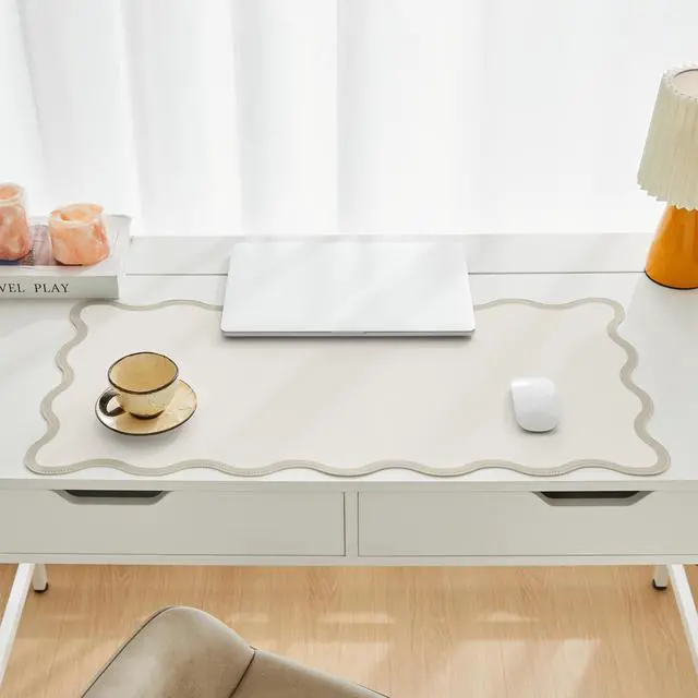 Alt view image 7 of 7 - Scalloped Desk Mat, 31.5" x 15.7", PU Leather, Waterproof Anti-Slip, Cute Aesthetic Desk Pad for Office/Home/Game/Vanity (Beige, Large)