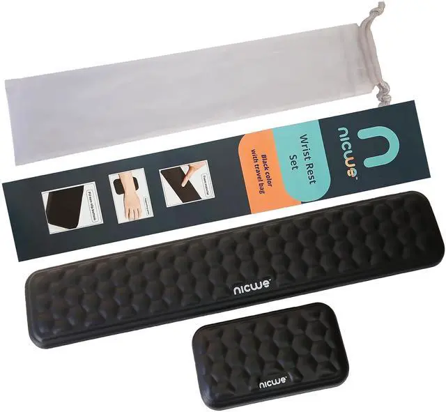 Main image of Memory Foam Wrist Rest Set Ergonomic Keyboard & Mouse Pad Support with NonSlip Rubber Base, Hexagonal Design, Waterproof Surface & Travel Bag Black (2Piece Set)