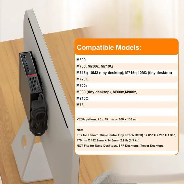Alt view image 2 of 7 - Mount for Lenovo Mini PC Wall VESA and Under Desk Mount for Lenovo ThinkCentre M600 M700 M710Q M715q M720Q M73 M800z M900 M910Q Tiny Desktops Mounting Bracket