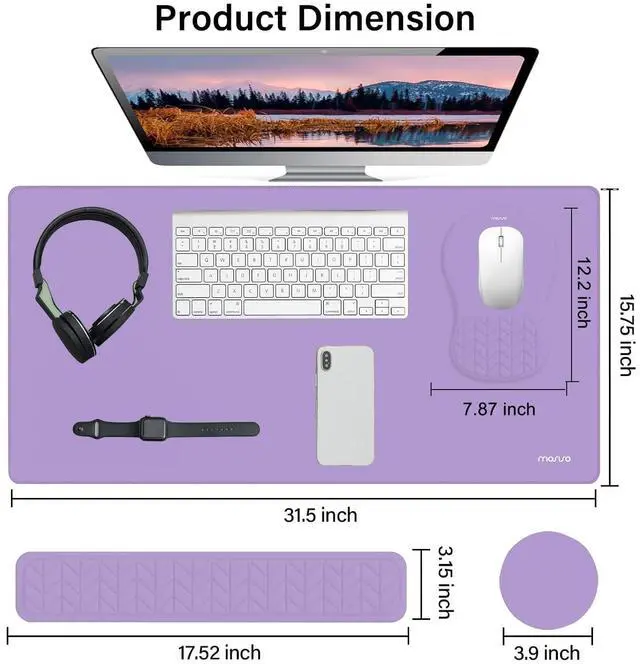 Alt view image 2 of 7 - Wrist Rest Support for Keyboard Mouse Pad Set, Large Gaming Mouse Pad&Ergonomic Rectangular Keyboard&Mousepad&Coaster, Non-Slip Easy Typing Cushion with Wheat Ear Shaped Memory Foam, Purple