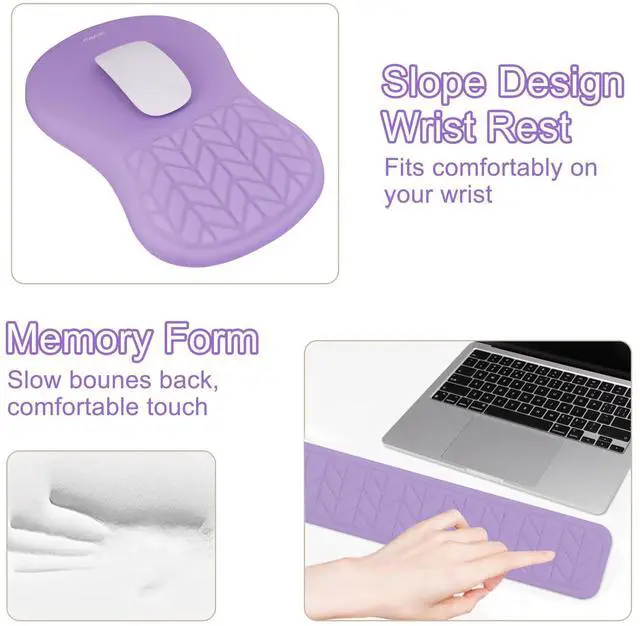Alt view image 5 of 7 - Wrist Rest Support for Keyboard Mouse Pad Set, Large Gaming Mouse Pad&Ergonomic Rectangular Keyboard&Mousepad&Coaster, Non-Slip Easy Typing Cushion with Wheat Ear Shaped Memory Foam, Purple
