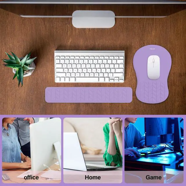 Alt view image 6 of 7 - Wrist Rest Support for Keyboard Mouse Pad Set, Large Gaming Mouse Pad&Ergonomic Rectangular Keyboard&Mousepad&Coaster, Non-Slip Easy Typing Cushion with Wheat Ear Shaped Memory Foam, Purple