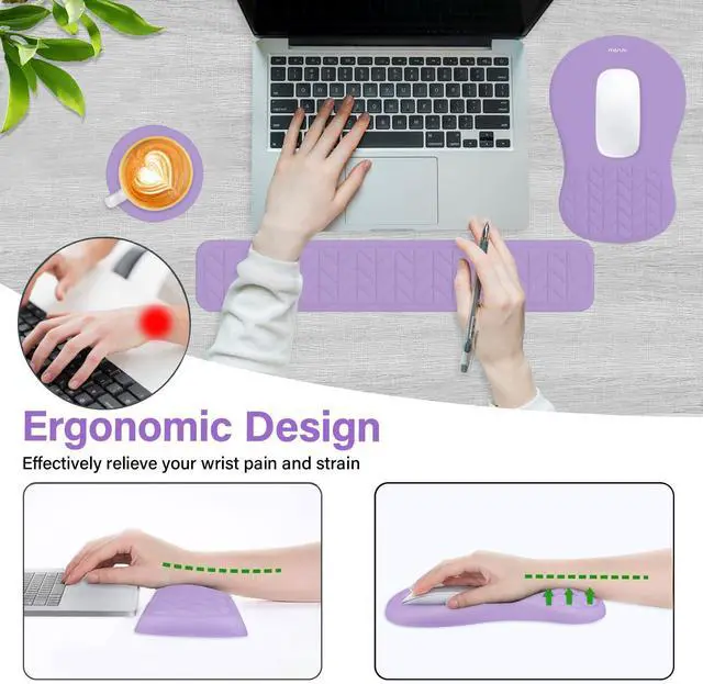Alt view image 3 of 7 - Wrist Rest Support for Keyboard Mouse Pad Set, Large Gaming Mouse Pad&Ergonomic Rectangular Keyboard&Mousepad&Coaster, Non-Slip Easy Typing Cushion with Wheat Ear Shaped Memory Foam, Purple