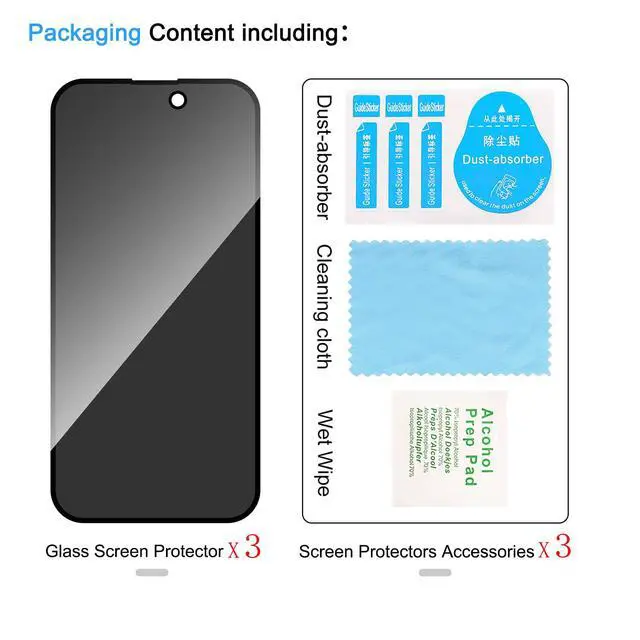 Alt view image 7 of 7 - 3 Pack Privacy Screen Protector for iPhone 16, Anti-Spy Glass