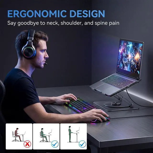 Alt view image 2 of 7 - Adjustable Laptop Stand for Desk, Ergonomic Height Adjustable Riser, 360° Rotating & Foldable, Ventilated Cooling, Fits Up to 17.3 Laptops (Including Gaming Laptops), Dark Silver