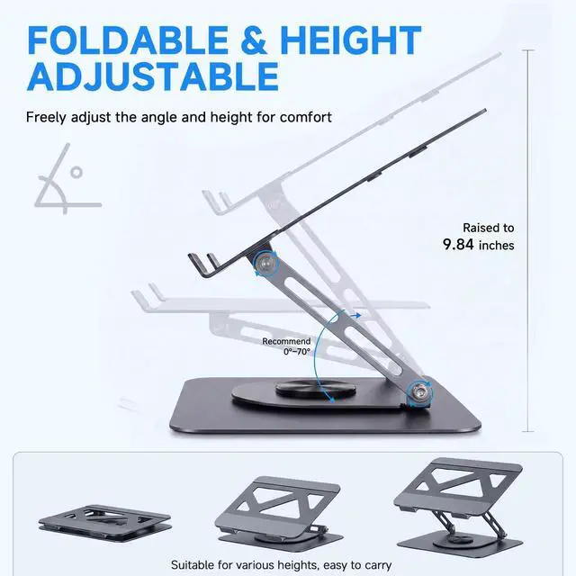 Alt view image 4 of 7 - Adjustable Laptop Stand for Desk, Ergonomic Height Adjustable Riser, 360° Rotating & Foldable, Ventilated Cooling, Fits Up to 17.3 Laptops (Including Gaming Laptops), Dark Silver