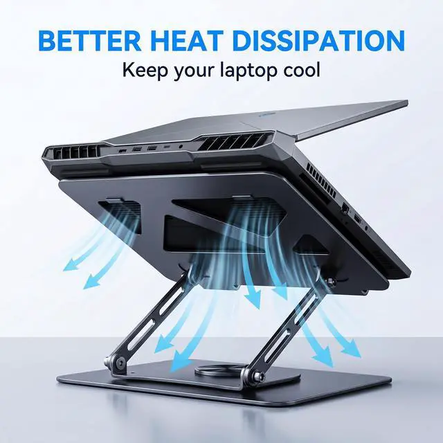 Alt view image 5 of 7 - Adjustable Laptop Stand for Desk, Ergonomic Height Adjustable Riser, 360° Rotating & Foldable, Ventilated Cooling, Fits Up to 17.3 Laptops (Including Gaming Laptops), Dark Silver