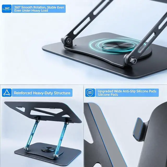 Alt view image 6 of 7 - Adjustable Laptop Stand for Desk, Ergonomic Height Adjustable Riser, 360° Rotating & Foldable, Ventilated Cooling, Fits Up to 17.3 Laptops (Including Gaming Laptops), Dark Silver