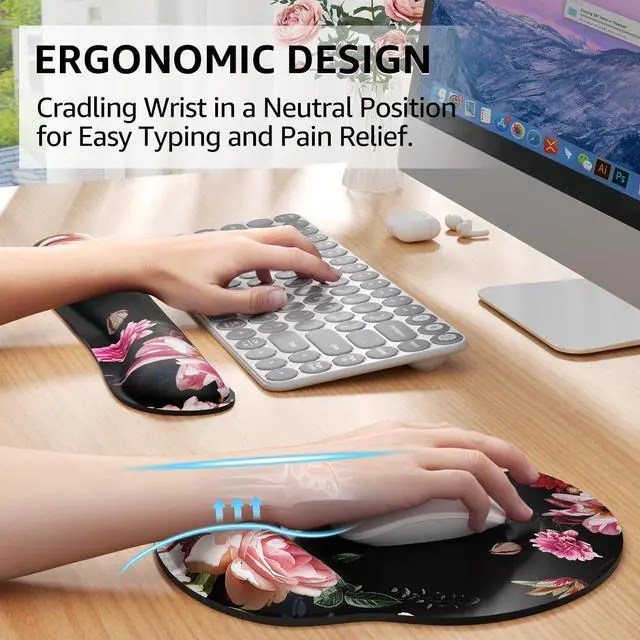 Alt view image 2 of 6 - Ergonomic Keyboard Wrist Rest and Mouse Pad with Wrist Rest Set, Memory Foam Wrist Support for Typing, Gaming, Office and Home Use, Pale Pink, Peony Flower