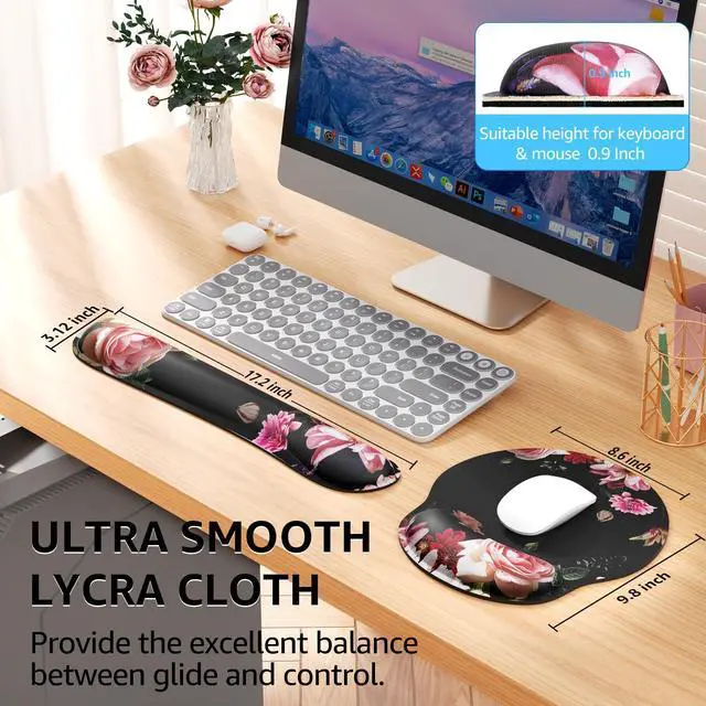 Alt view image 5 of 6 - Ergonomic Keyboard Wrist Rest and Mouse Pad with Wrist Rest Set, Memory Foam Wrist Support for Typing, Gaming, Office and Home Use, Pale Pink, Peony Flower