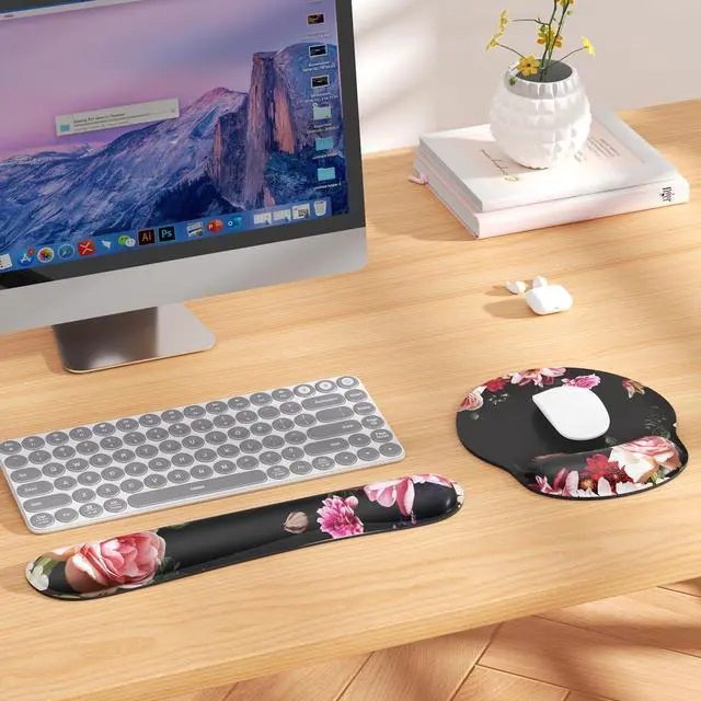 Alt view image 6 of 6 - Ergonomic Keyboard Wrist Rest and Mouse Pad with Wrist Rest Set, Memory Foam Wrist Support for Typing, Gaming, Office and Home Use, Pale Pink, Peony Flower