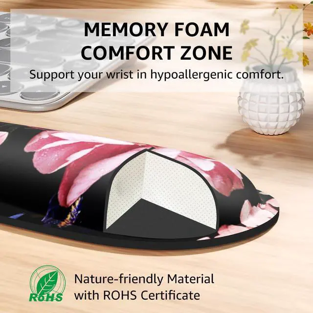 Alt view image 3 of 6 - Ergonomic Keyboard Wrist Rest and Mouse Pad with Wrist Rest Set, Memory Foam Wrist Support for Typing, Gaming, Office and Home Use, Pale Pink, Peony Flower