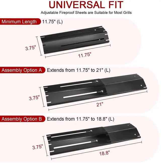 Alt view image 3 of 7 - Adjustable Heat Plate Shield, Universal Heat Plates for Expert Grill Parts Extend from 11.75" up to 21" L, Flame Tamer Replacement Part for Charbroil Chargriller Brinkmann Thermos Grills 3-Pack