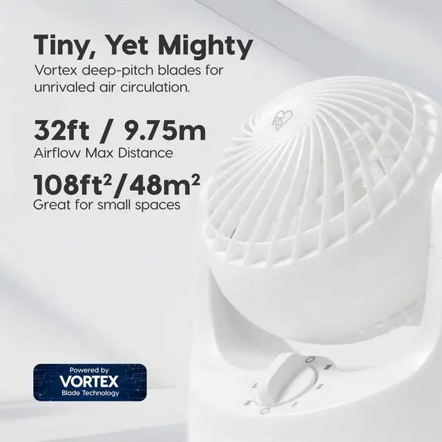 Alt view image 4 of 7 - WOOZOO Mini Desk Fan, Air Circulator, 3 Speeds, 32ft Max Air Distance, 108ft² Coverage, 112° Adjustable Vertical Tilt, 27db Quiet Motor, Small Fan for Bedroom, Office, Dorm, White (HE10N)