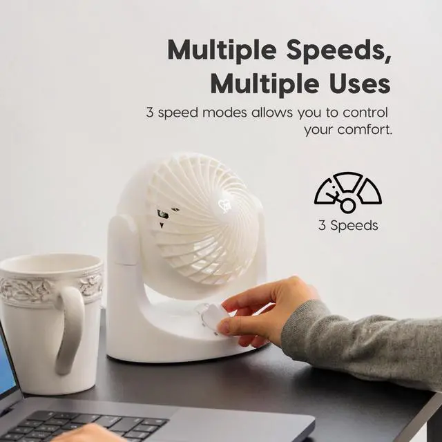Alt view image 6 of 7 - WOOZOO Mini Desk Fan, Air Circulator, 3 Speeds, 32ft Max Air Distance, 108ft² Coverage, 112° Adjustable Vertical Tilt, 27db Quiet Motor, Small Fan for Bedroom, Office, Dorm, White (HE10N)