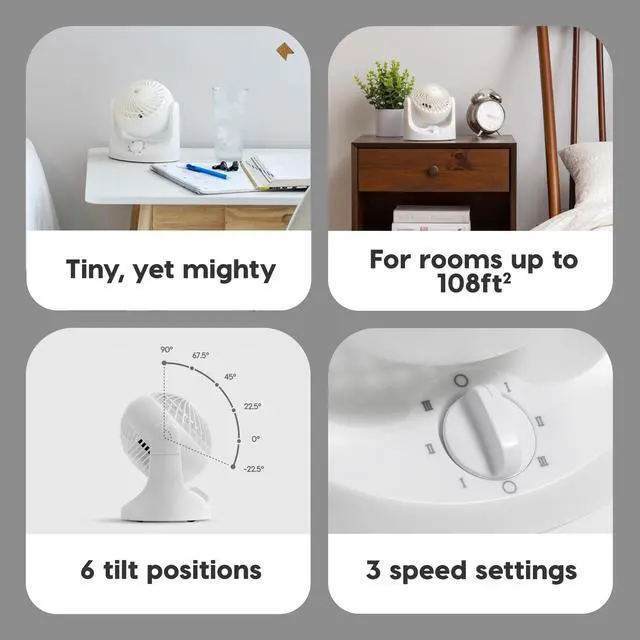 Alt view image 7 of 7 - WOOZOO Mini Desk Fan, Air Circulator, 3 Speeds, 32ft Max Air Distance, 108ft² Coverage, 112° Adjustable Vertical Tilt, 27db Quiet Motor, Small Fan for Bedroom, Office, Dorm, White (HE10N)
