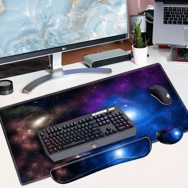 Alt view image 7 of 7 - Galaxy Desk Pad Mat Large Mouse Pad and Keyboard Wrist Rest Set 3 in 1 Desk Protector Mat XXL Keyboard Pad with Wrist Support for Desktop Cover Home Work Office Computer