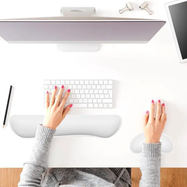 Alt view image 7 of 7 - Keyboard Wrist Rest Set, Cute PU Leather Wrist Cushion for Computer Keyboard and Mousepad, Memory Foam Mouse Pad Rests Support with Non-Slip Base for Typing Pain Relief, Laptop, Ivory White
