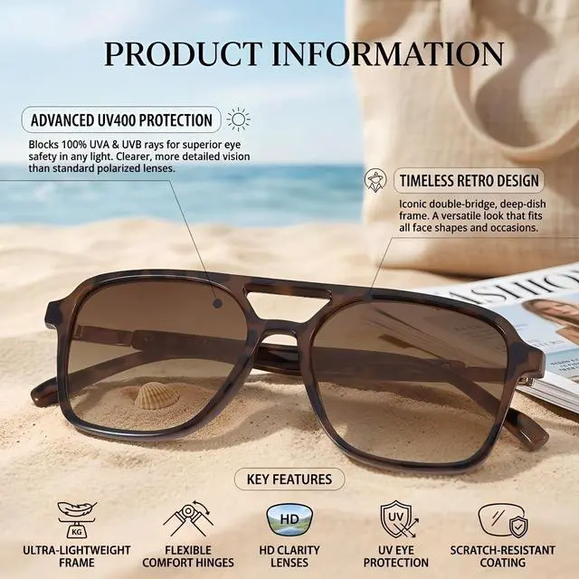 Alt view image 3 of 5 - Retro Aviator Sunglasses for Women Men - Trendy Cool Square Womens Mens Shades Sun Glasses(Tortoise/Gradient Brown)