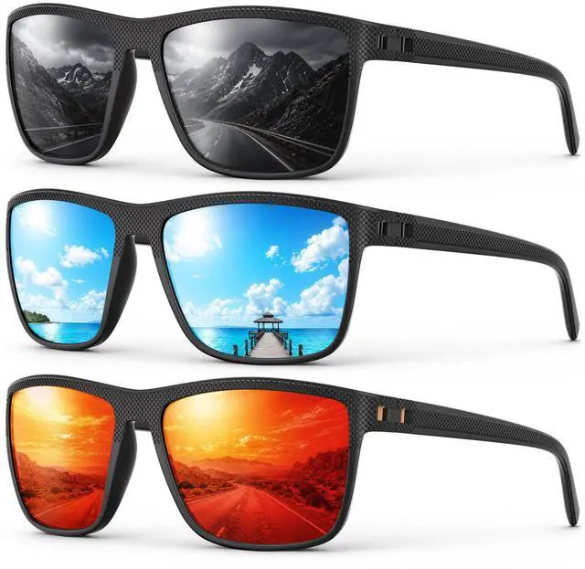 Main image of Square Polarized Sunglasses for Men, 3 Pack Lightweight UV Protection Sun Glasses for Driving Fishing Golf (Black/Ice Blue/Red)