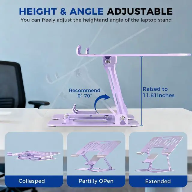 Alt view image 3 of 7 - Ergonomic 2-in-1 Purple Laptop Phone Stand for Desk, Adjustable Riser, Sturdy and Portable, Fits All Laptops and Phone (Purple)