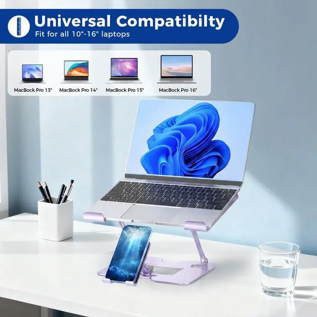 Alt view image 7 of 7 - Ergonomic 2-in-1 Purple Laptop Phone Stand for Desk, Adjustable Riser, Sturdy and Portable, Fits All Laptops and Phone (Purple)