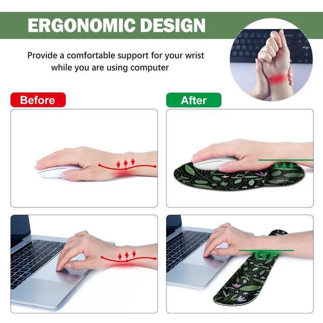 Alt view image 6 of 7 - Keyboard Mouse Pad Set, Large Gaming Mousepad, Memory Foam Ergonomic Keyboard Wrist Rest Support, Extended Desk Mat Cushion pad for Office,Home, Green Leaves Plant