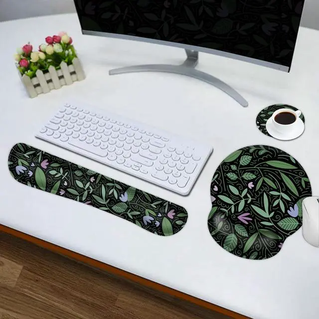 Alt view image 4 of 7 - Keyboard Mouse Pad Set, Large Gaming Mousepad, Memory Foam Ergonomic Keyboard Wrist Rest Support, Extended Desk Mat Cushion pad for Office,Home, Green Leaves Plant