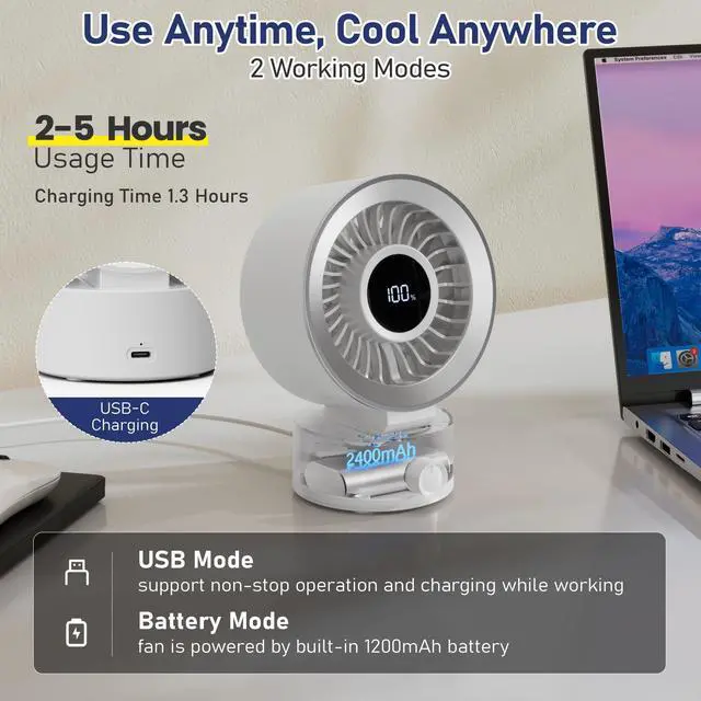 Alt view image 3 of 7 - Desk Fan Small Quiet: Table Fan Rechargeable with 2400mAh Battery & USB Powered, Portable for Office Desktop, Digital Display, 30° Tilt Adjustable, 100 Speeds, Gift for Women Men, White
