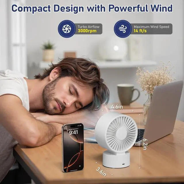 Alt view image 7 of 7 - Desk Fan Small Quiet: Table Fan Rechargeable with 2400mAh Battery & USB Powered, Portable for Office Desktop, Digital Display, 30° Tilt Adjustable, 100 Speeds, Gift for Women Men, White