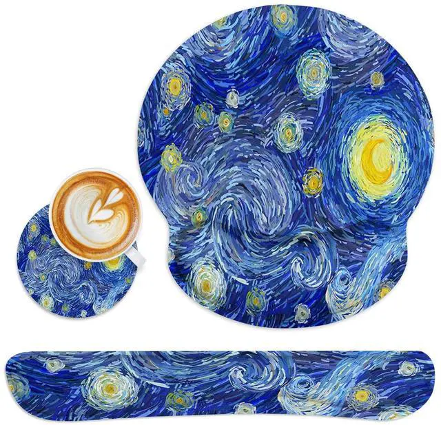 Main image of Ergonomic Mouse Pad Set with Wrist Rest Abstract Night Sky Non-Slip Rubber Base Wrist Cushion Support and Coasters Mousepad with Wrist Support for Computer Keyboard and Desk