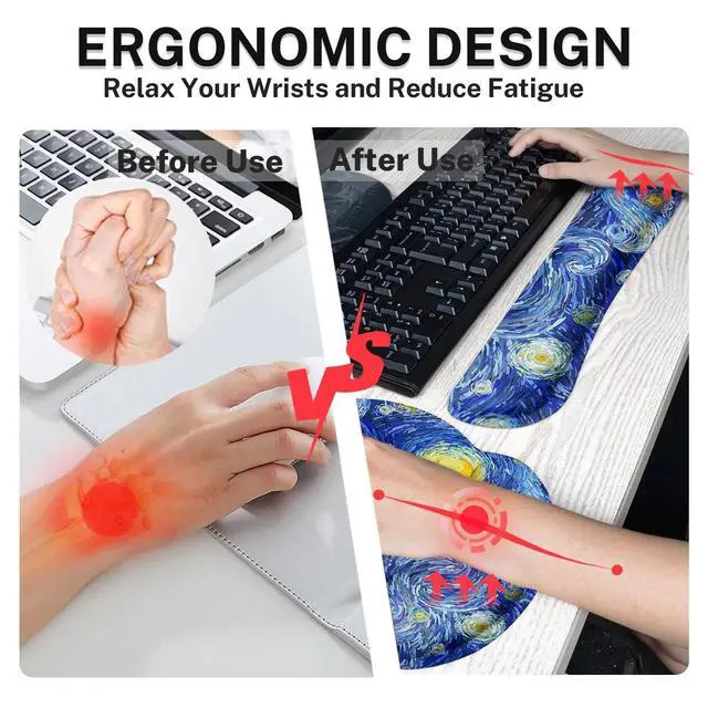 Alt view image 6 of 7 - Ergonomic Mouse Pad Set with Wrist Rest Abstract Night Sky Non-Slip Rubber Base Wrist Cushion Support and Coasters Mousepad with Wrist Support for Computer Keyboard and Desk