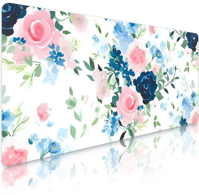 Main image of Pink+Blue Flower Desk Mat, Leather Desk Pad, Desk Matt for Desktop, Waterproof Desk Pad Mat, Computer Mat for Office Work/Home-31.5 x 15.7 Inches