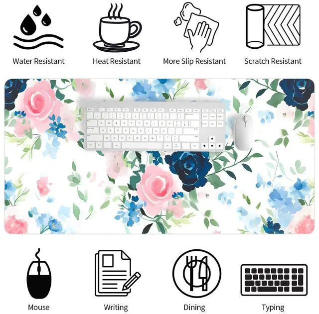 Alt view image 4 of 6 - Pink+Blue Flower Desk Mat, Leather Desk Pad, Desk Matt for Desktop, Waterproof Desk Pad Mat, Computer Mat for Office Work/Home-31.5 x 15.7 Inches