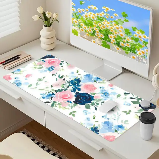 Alt view image 2 of 6 - Pink+Blue Flower Desk Mat, Leather Desk Pad, Desk Matt for Desktop, Waterproof Desk Pad Mat, Computer Mat for Office Work/Home-31.5 x 15.7 Inches