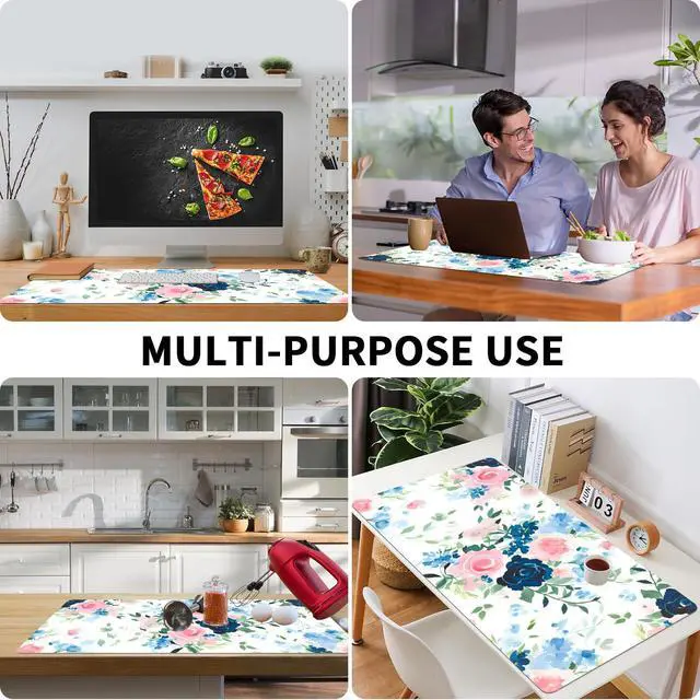 Alt view image 3 of 6 - Pink+Blue Flower Desk Mat, Leather Desk Pad, Desk Matt for Desktop, Waterproof Desk Pad Mat, Computer Mat for Office Work/Home-31.5 x 15.7 Inches